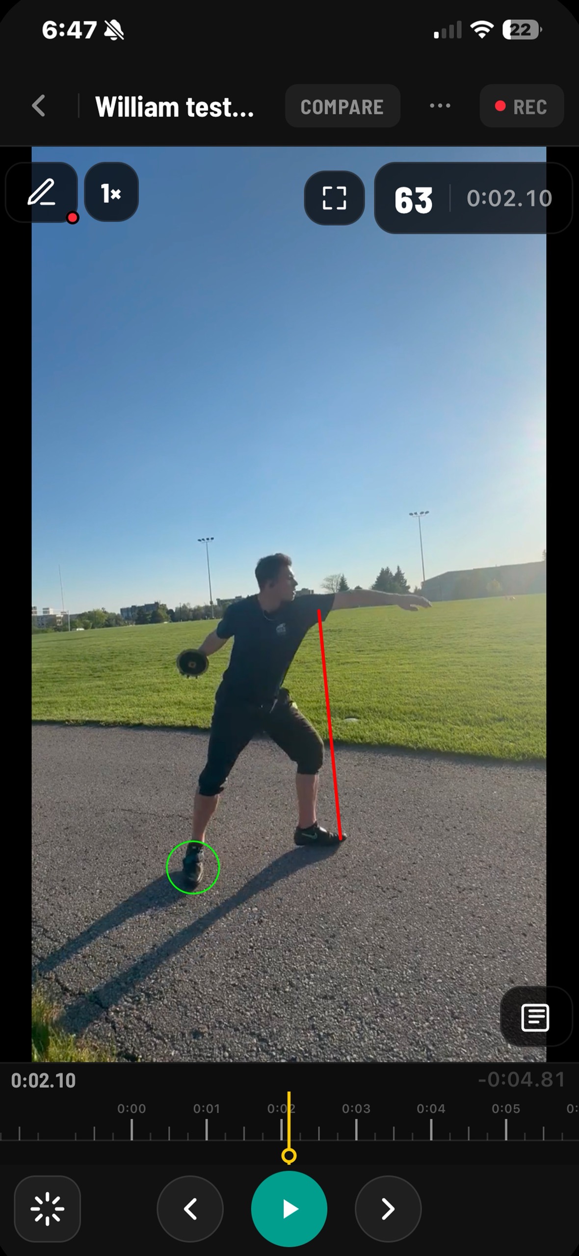 A real throw analyzed frame by frame — annotated behind the cage net